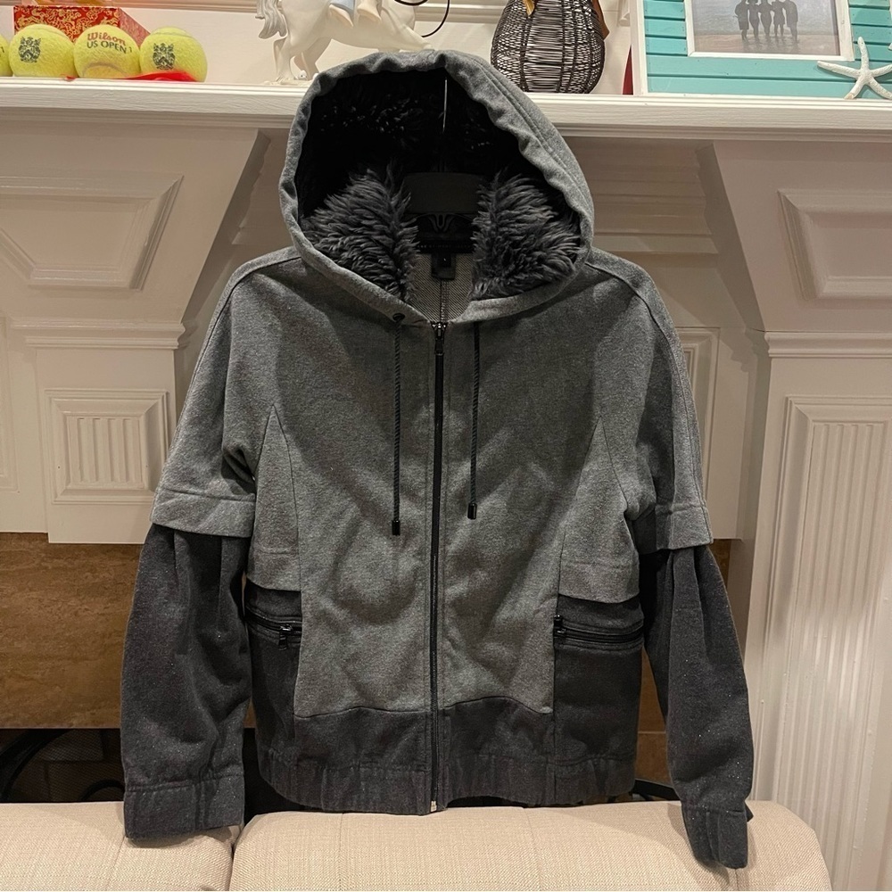 BL: Marc Jacobs Faux Fur 2 Tone Gray Hoodie Women’s L Sparkly Full zipper